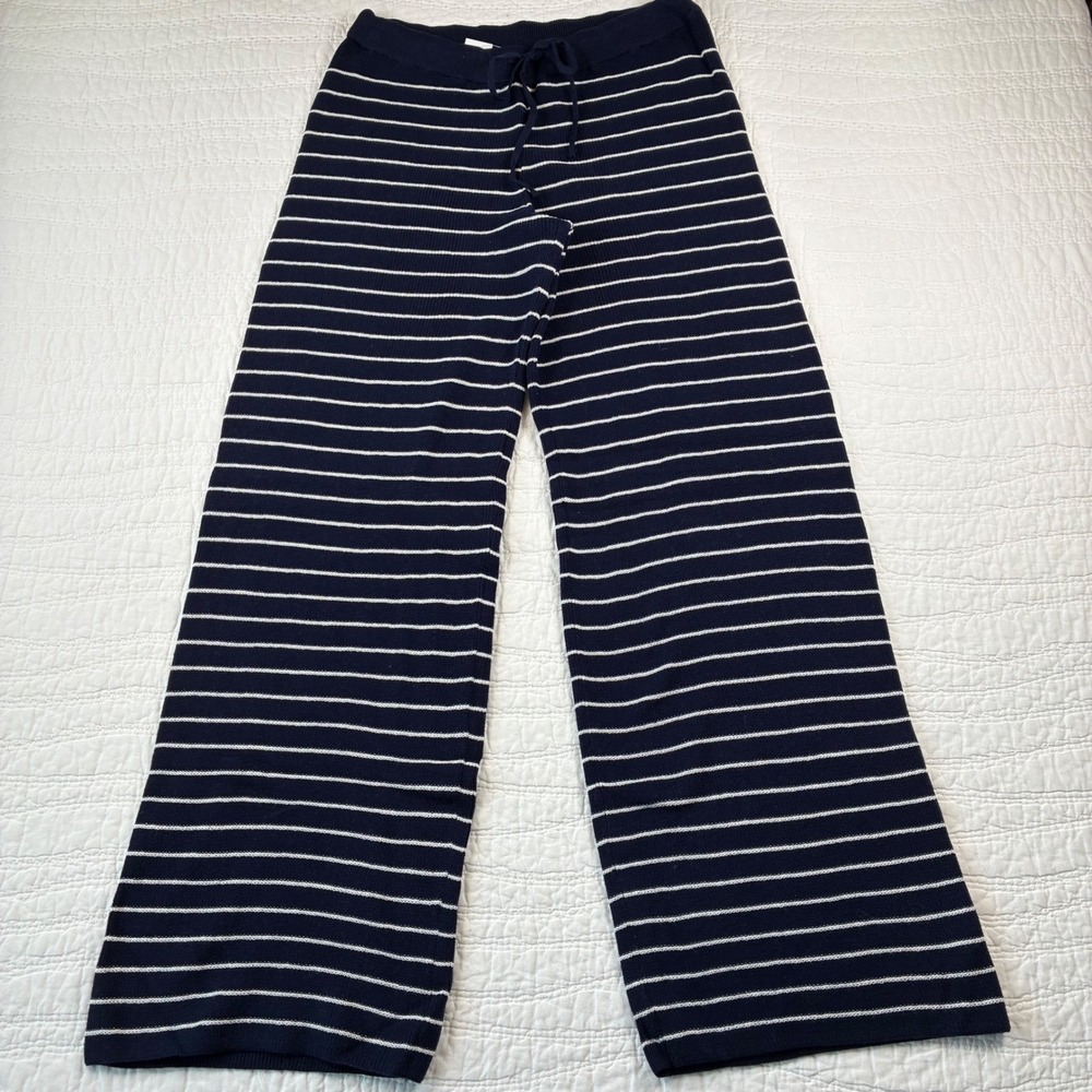 NEW GAP Navy Blue White Striped Wide Leg Cotton Sweater Pants Size M 1173412-00